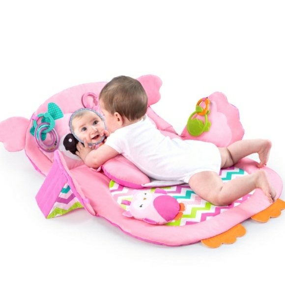 ☆Like New☆BRIGHT STARTS Pink Owl Activity Gym/Tummy Time Mat Lounger With Toys☆ - Picture 7 of 14